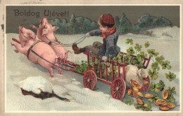 * T2 Boldog Újévet! / New Year Greeting Art Postcard, Pig Cart With Bags Of Money . SB 2255. Emb.... - Non Classés