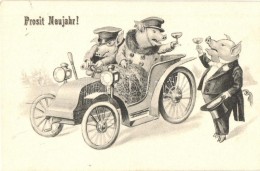 T2 Prosit Neujhr / New Year Greeting Art Postcard. Pig Gentlemen In Automobile - Unclassified