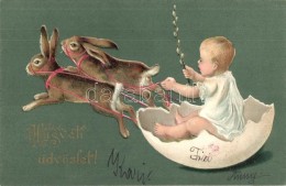 T2 Húsvéti üdvözlet / Easter Greeting Card, Rabbit Sled With Egg Shell, Emb. Litho - Non Classés