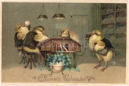 T2 Húsvéti üdvözlet! / Easter Greeting Card, Chicken At The Office, Emb. Litho - Non Classés