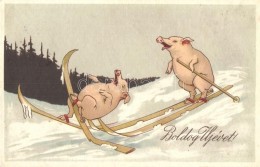 T2 Boldog Újévet! / New Year Greeting Card, Skiing Pigs, Litho - Non Classés