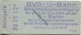 Deutschland - Berlin - BVG U-Bahn - U-Bahn Fahrschein - Turmstrasse - Rückseitig Zudruck BVG-Adresse Und Fahrpreis - Europe