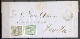 1874 , CORDOBA , ENVUELTA CIRCULADA ENTRE PUENTE GENIL Y SEVILLA , ED. 133 , 141 , MAT. ROMBO , FECHADOR - Cartas & Documentos