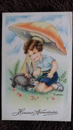 CPSM CHAMPIGNON GEANT ENFANT GARCON LAPIN  DESSIN GOUGEON HEUREUX ANNIVERSAIRE - Hongos