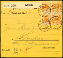 25 Pfg. Krone/Adler Gelborange Im Viererblock Mit Stempel LESUM 10.12.90 Und Blaustift-Entwertung Auf Paketkarte... - Other & Unclassified