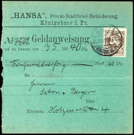 Königsberg: 10 Pfg. Wappenzeichnung Mit Stempel "HANSA KÖNIGSBERG 31.XII.1900" Auf  Einer Geldanweisung,... - Other & Unclassified