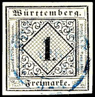 1 Kreuzer Schwarz Auf Sämisch, Type I, Vollrandiges Kabinettstück, Zentrisch Gestempelt Mit Blauem K2... - Other & Unclassified