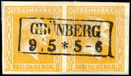 3 Silbergroschen Gelborange, Waagerechtes Kabinettpaar, Klar Gestempelt Mit Ra2 "GRÜNBERG 9/5" Auf Kleinem... - Other & Unclassified