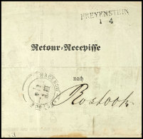 "HAGENOW-ROSTOCK III T 1/4"; (K2) Literaturunbekannter Bahnpoststempel Auf Retour-Recepisse Von "FREYENSTEIN" (L2)... - Mecklenbourg-Schwerin