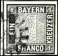 1 Kreuzer Schwarz, Platte 1, Allseits Gut Gerandet, Links Und Oben Mit Schnittlinien, Entwertet Mit GMr. "351"... - Other & Unclassified
