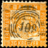 30 Kr. Orangegelb Mit Fünfringstempel "109" Pforzheim, Oben Rechts Und Links Oben Zahnfehler, Sonst Tadellos,... - Other & Unclassified