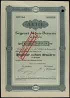 Siegen 1922, Siegener Aktien-Brauerei, Aktie über 1000 Mark, Gute Erhaltung, Seltenes Papier  Siegen 1922,... - Unclassified