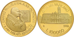 100 000 Lire, Gold, 1998, Basilica Di Santa Maria Maggiore, 917er Gold, 15 G, Fb. 430, KM 302, In Kapsel, In... - Vatican