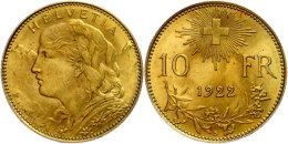 10 Franken, Gold, 1922, Vreneli, Fb. 504, HMZ 2-1196 G, Vz.  Vz10 Franc, Gold, 1922, Vreneli, Fb. 504, HMZ... - Other & Unclassified