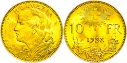 10 Franken, Gold, 1922, Fb. 10, Vz.  Vz10 Franc, Gold, 1922, Fb. 10, Extremley Fine  Vz - Other & Unclassified