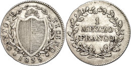 Tessin, 1/2 Franken, 1835, HMZ 2-926, Ss.  SsTicino, + Franc, 1835, HMZ 2-926, Very Fine.  Ss - Otros & Sin Clasificación