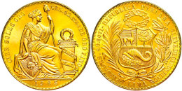 100 Soles, Gold, 1964, 42,07g Fein, Fb. 78, Winzige Kratzer Auf Dem Avers, F. St.  100 Soles, Gold, 1964, 42,... - Peru