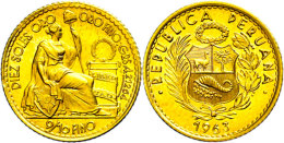 10 Pesos, Gold, 1963, 4,21g Fein, Vz-st.  Vz-st10 Peso, Gold, 1963, 4, 21g Fine, Extremly Fine To Uncirculated.... - Peru