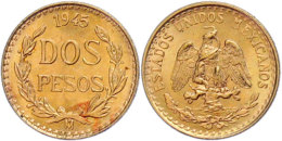 2 Pesos, Gold, 1945, Vz-st.  Vz-st2 Peso, Gold, 1945, Extremly Fine To Uncirculated.  Vz-st - México