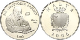 5 Liri, 2007, Sir Temistokle Zammit, Schön 122, KM 138, Mit Zertifikat In Ausgabeschatulle, PP.  PP5 Liri,... - Malte