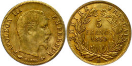 5 Francs, Gold, 1859, Napoleon III., Mzz A Paris, Fb. 578 A, Gadoury 1001, Ss.  Ss-vz5 Franc, Gold, 1859,... - Other & Unclassified