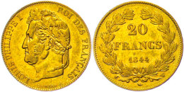 20 Francs, 1844 W (Lille), Gold, Louis Philippe I., Kl. Rf., Ss+.  20 Franc, 1844 W (Lille), Gold, Louis... - Otros & Sin Clasificación