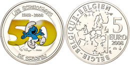 5 Euro, 2008, 50 Jahre Die Schlümpfe - Tampondruck, KM 270, Schön 254, Im Etui Mit Kapsel Und Zertifikat,... - Other & Unclassified