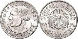 5 Reichsmark, 1933, F, Luther, Vz., Katalog: J. 353 Vz5 Reichmark, 1933, F, Luther, Extremley Fine, Catalogue:... - Other & Unclassified