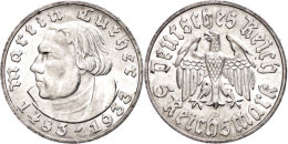 5 Reichsmark, 1933, D, Luther, Vz., Katalog: J. 353 5 Reichmark, 1933, D, Luther, Extremley Fine, Catalogue: J.... - Autres & Non Classés