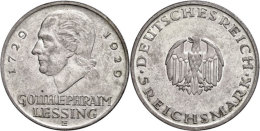 5 Reichsmark, 1929, E, Lessing, Kl. Rf., Ss-vz., Katalog: J. 336 Ss-vz5 Reichmark, 1929, E, Lessing, Small Edge... - Otros & Sin Clasificación