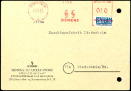 2 Pfg. Geschnitten Mit Rotem Balken Als Vorausentwertung Auf Postkarte Aus MANNHEIM 24.12.48 Mit 10 Pfg.... - Other & Unclassified