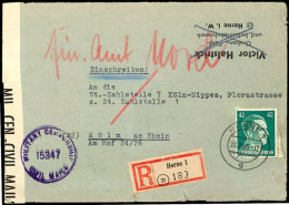 1945, 42 Pfg. Hitler Auf R-Brief Aus HERNE 28.2.45 Nach Köln, überrollt Mit Amerik. Zensurstempel Und... - Autres & Non Classés