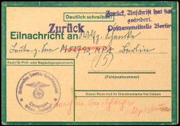 1945, Grüne Eilnachrichtenkarte Mit Partiedienstsiegel, Gebraucht Aus Erfurt ( 19.II.45) An Die... - Otros & Sin Clasificación