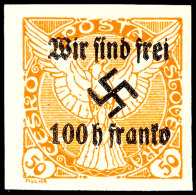 100 Heller Auf 50 Heller Zeitungsmarke Mit Aufdruck "Wir Sind Frei! + Hakenkreuz", Tadellos Ungebraucht, Geringe... - Otros & Sin Clasificación