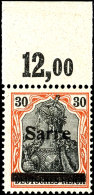 30 Pfg Germania Auf Orangeweißem Papier Mit Aufdruck "Sarre" In Type I, Plattenoberrandstück, Tadellos... - Other & Unclassified