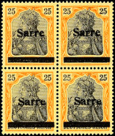 25 Pf Germania Sarre Viererblock In B-Farbe Mit Aufdruck Type III Tadellos Postfrisch, Gepr. Burger BPP Und... - Otros & Sin Clasificación