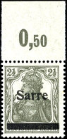 2 1/2 Pfg Germania Dunkelgrüngrau Sog. Bronzegrau Mit Aufdruck "Sarre" In Type I, Plattenoberrandstück... - Other & Unclassified