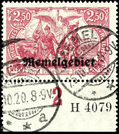 2,50 Mark Deutsches Reich Mit Aufdruck "Memelgebiet", A-Farbe, Unterrandstück Mit Teil-HAN "4079.", Tadellos... - Memel (Klaipeda) 1923