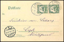 OTJOSONJATI 2:6 08; Je Klar Und Zentr. Auf Postkarte Mit Paar 5 Pf. Schiffszeichnung Nach Lyck Mit Ankunftsstempel,... - German South West Africa