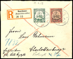 HOACHANAS 11.4 08, Je  Klar Und Zentr. Auf Portorichtigem Eilboten-R-Brief Mit 5 Und 50 Pf. Schiffszeichnung Nach... - German South West Africa