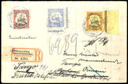 NEU-LANGENBURG 1/8 09, Je Zentr. Auf R-Brief (Gebrauchsspuren) Mit Schiffszeichnung 15 (Bogenecke), 20 Und 30... - German East Africa