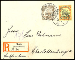 MUAJA 13.8.08 Je Klar Auf Portorichtigem R-Brief Mit Schiffszeichnung 2½ Und 20 Heller Nach Charlottenburg... - German East Africa