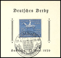 1939, Deutsches Derby - Hamburg 25 Juni 1939, Kl. Gedenkblatt Mit Pass. MiNr. 698 Und SST Hamburg 21.6.39, Tadellos... - Other & Unclassified