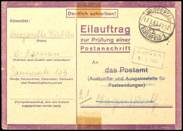 1945, Unfrankiertes Formular "Eilauftrag Zur Prüfung Einer Postanschrift" Gebraucht Aus WUPPERTAL-ELBERFELD... - Other & Unclassified
