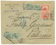 1899 1/2p(x4) + 5d(x2) + REGISTERED MALTA On Envelope To SICILY. Scarce. Vf. - Malta