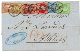 GREECE : 1866 Entire Letter From MARSEILLE(FRANCE) Taxed On Arrival With GREECE 1L+ 2L+ 5L+ 20L+ 80L(x2). Rare 5 Color F - Other & Unclassified