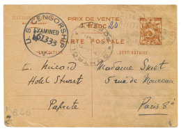 TAHITI : 1944 Entier Postal 1F'20" Obl. PAPEETE + CENSURE FRANCAISE + USA Pour PARIS. Infime Froisure. TRES RARE. TB. - Other & Unclassified