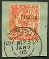 SYRIE : LEVANT 1P S/ 15c (n°27) Obl. BEYROUTH Sur Fragment. RARE. Signé SCHELLER. Cote 450€. Superbe. - Autres & Non Classés