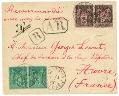 "A.R De MERSINA" : 1895 Mixte FRANCE 5c SAGE(x2) + LEVANT 1p S/ 25c(x2) Obl. MERSINA TURQUIE D'ASIE Sur Env. RECOMMANDEE - Other & Unclassified