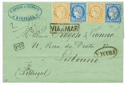 1872 CERES 15c(x2) + 25c(x2) Obl. ANCRE + LIGNE J PAQ FR N°3 + VIA DI MAR Encadré Sur Lettre De BORDEAUX Pour - Other & Unclassified